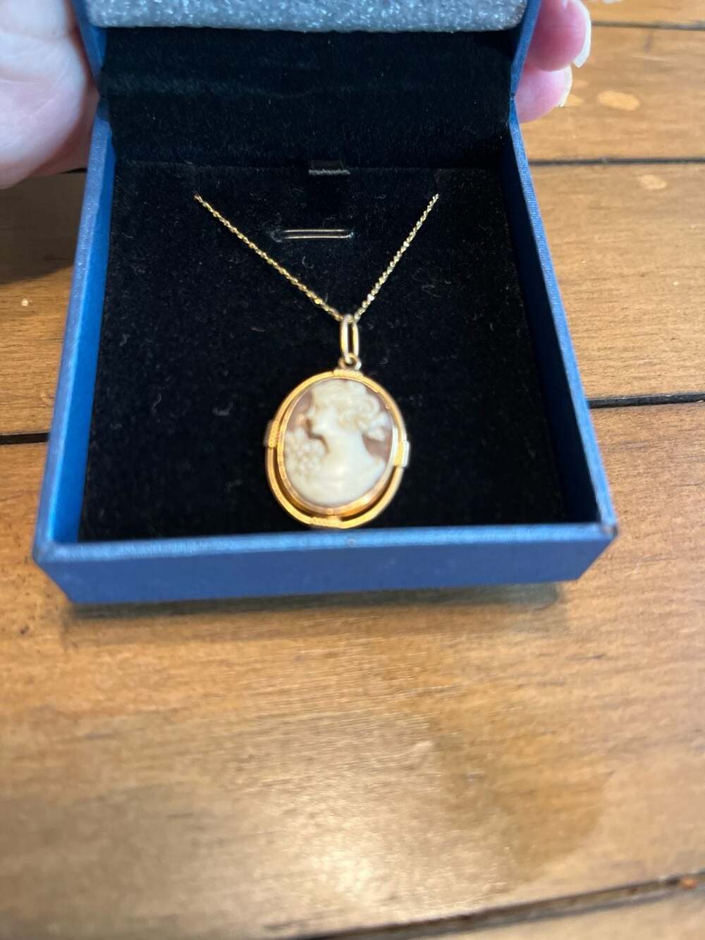 Vintage 14k Yellow Gold Hand Carved Shell Cameo Portrait Locket Necklace